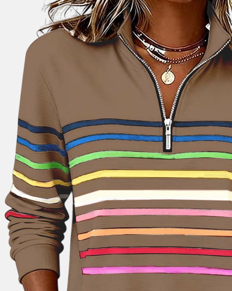 Striped Zip Collar Pullover for Women