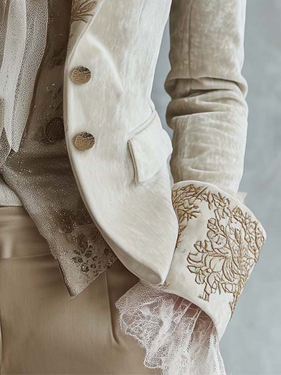 Ivory Floral Embroidered Blazer for Women