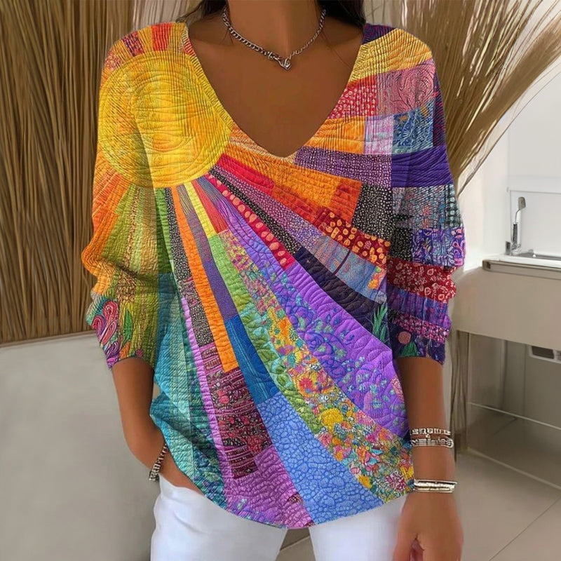 Patterned Long Sleeve V-Neck Pullover for Women