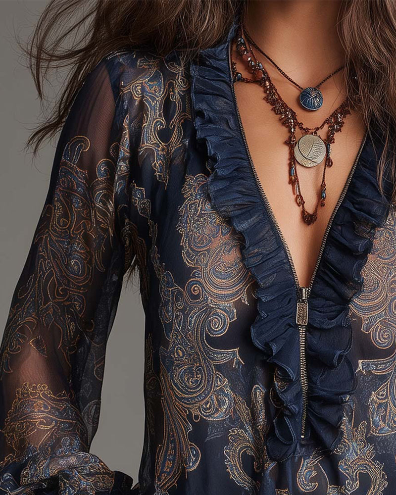 Printed V-Neck Ruffle Blouse for Women