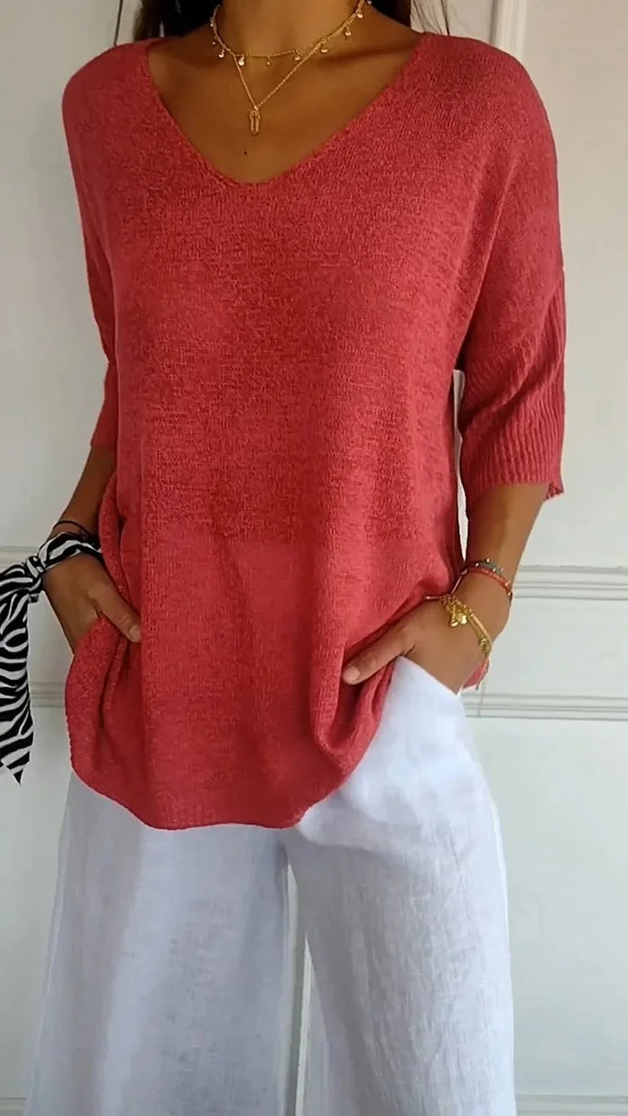 V-neck Knitted Top for Women | 3/4 sleeves