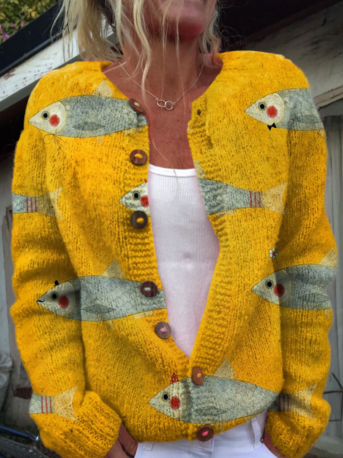 Vintage Fish Pattern Cardigan for Women