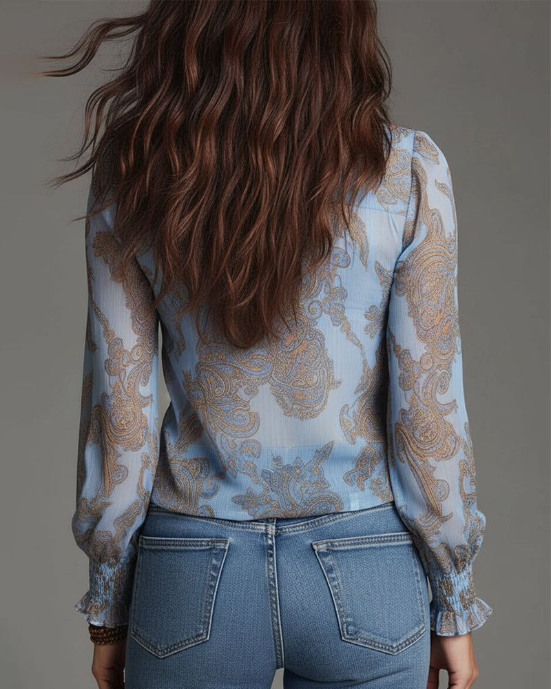 Printed V-Neck Ruffle Blouse for Women
