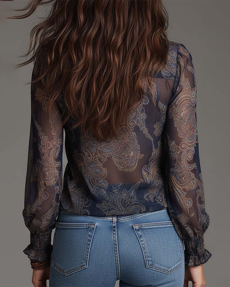Printed V-Neck Ruffle Blouse for Women