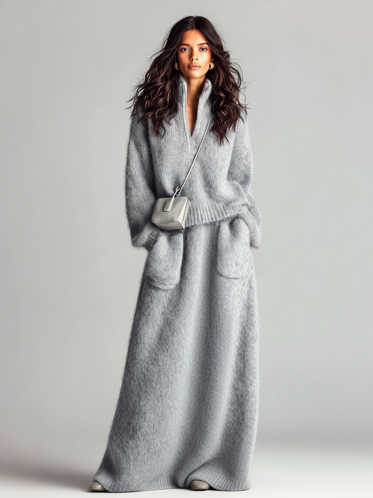 V-Neck Sweater Maxi Skirt Set for Women