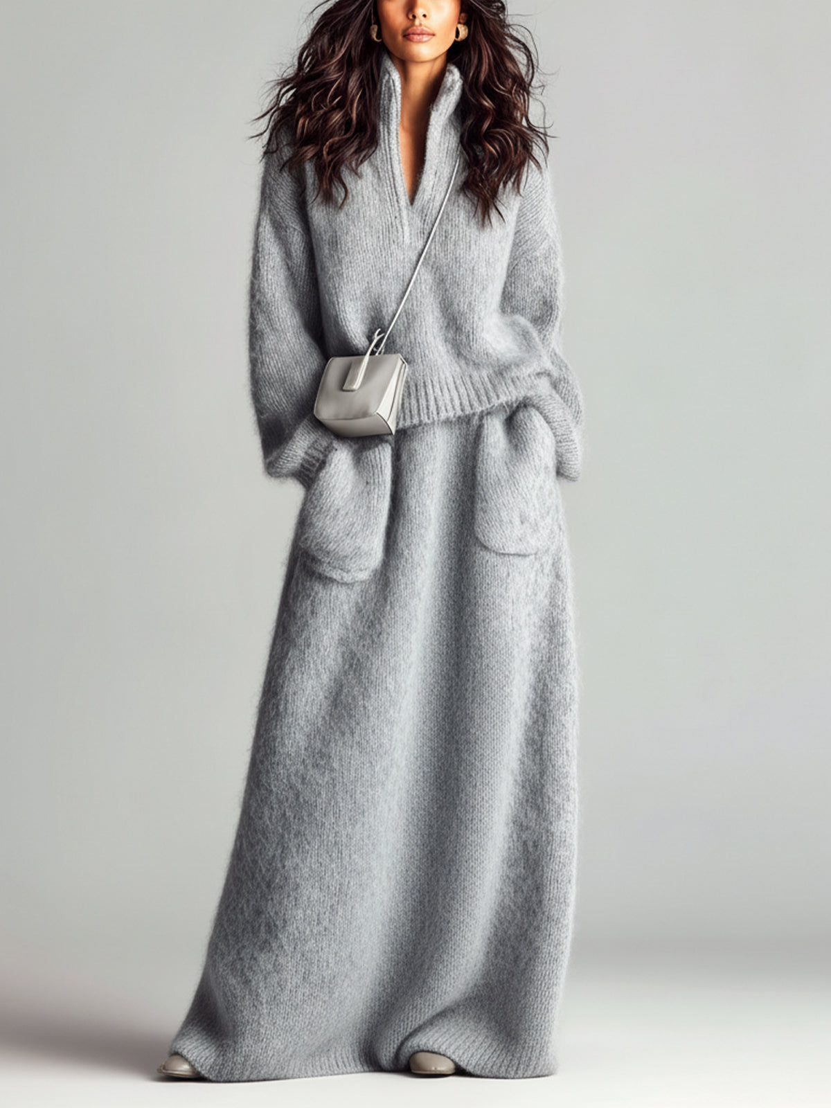 V-Neck Sweater Maxi Skirt Set for Women