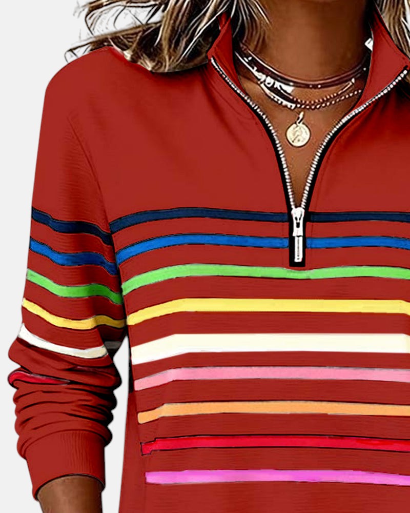 Striped Zip Collar Pullover for Women