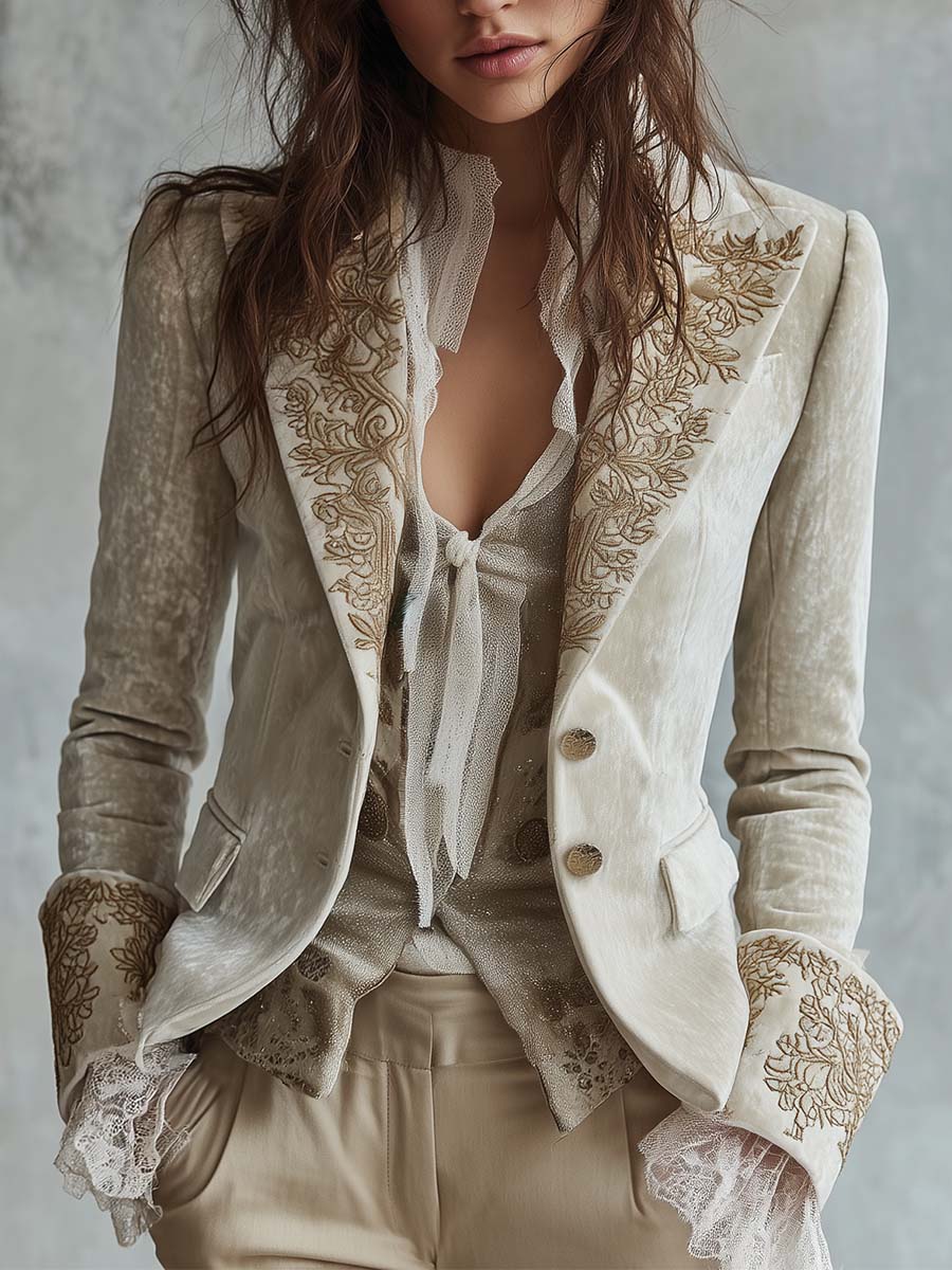 Ivory Floral Embroidered Blazer for Women