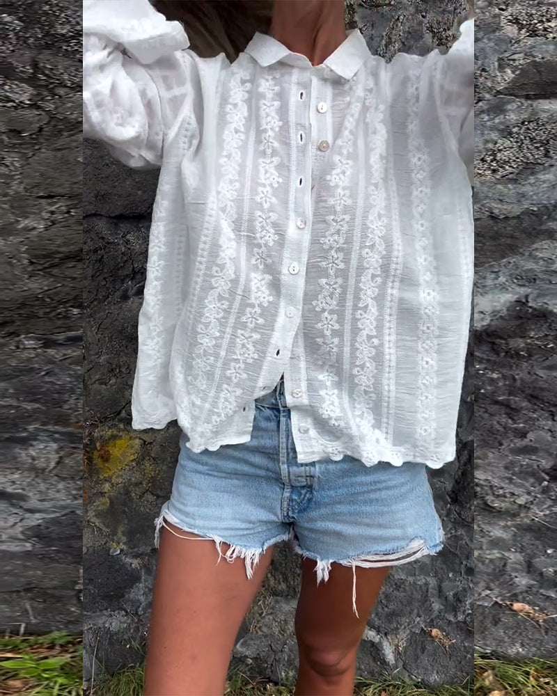 Embroidered Collar Long Sleeve Shirt for Women