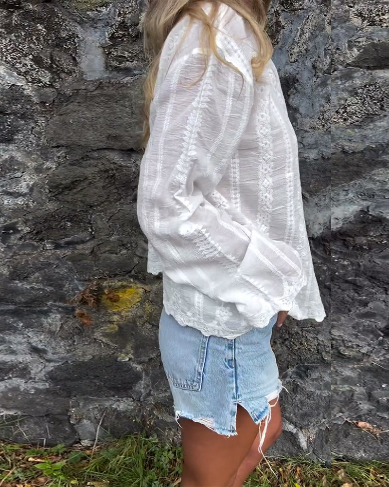 Embroidered Collar Long Sleeve Shirt for Women