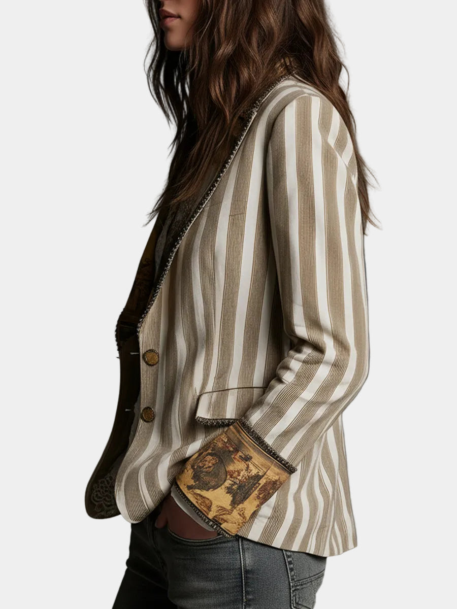 Boho Stripe Lapel Coat for Women
