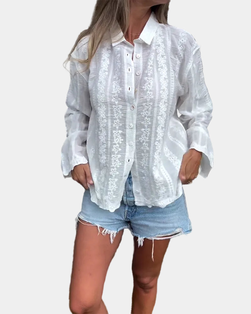 Embroidered Collar Long Sleeve Shirt for Women