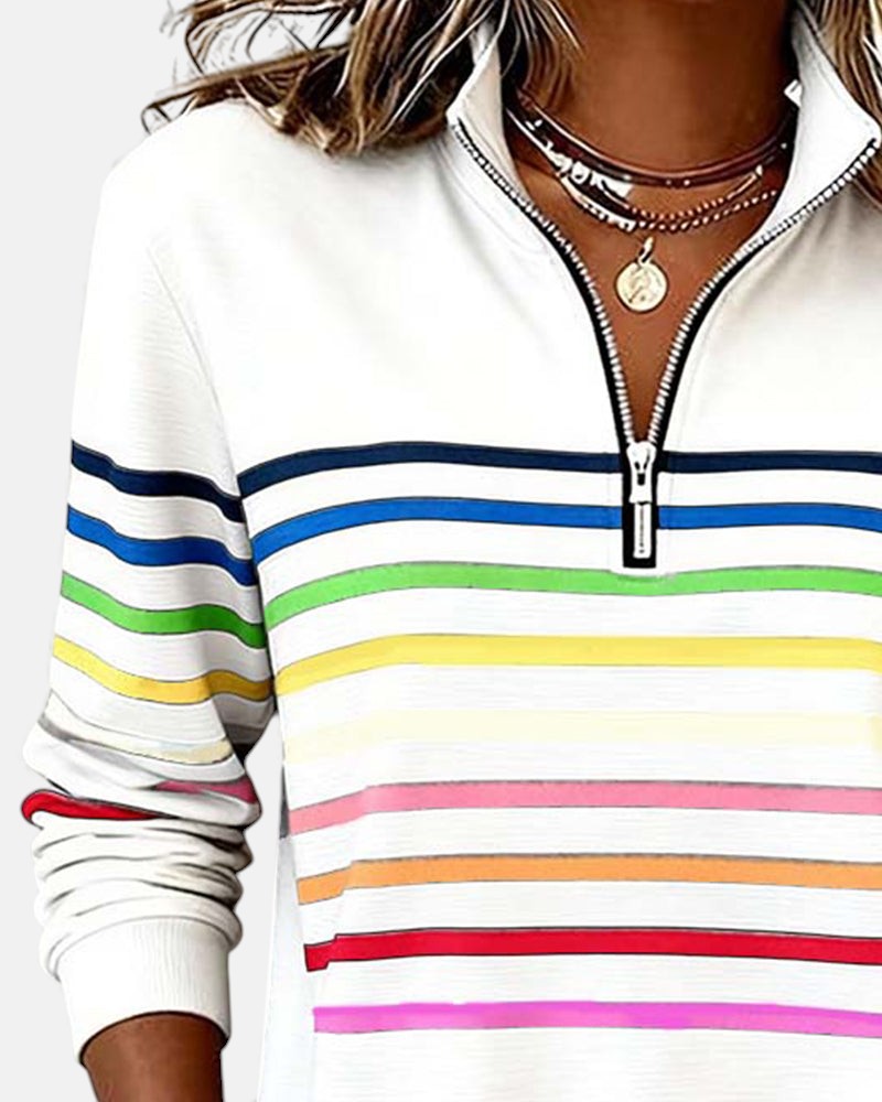 Striped Zip Collar Pullover for Women