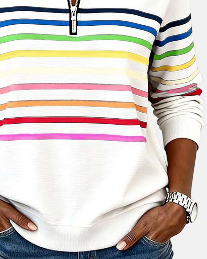 Striped Zip Collar Pullover for Women