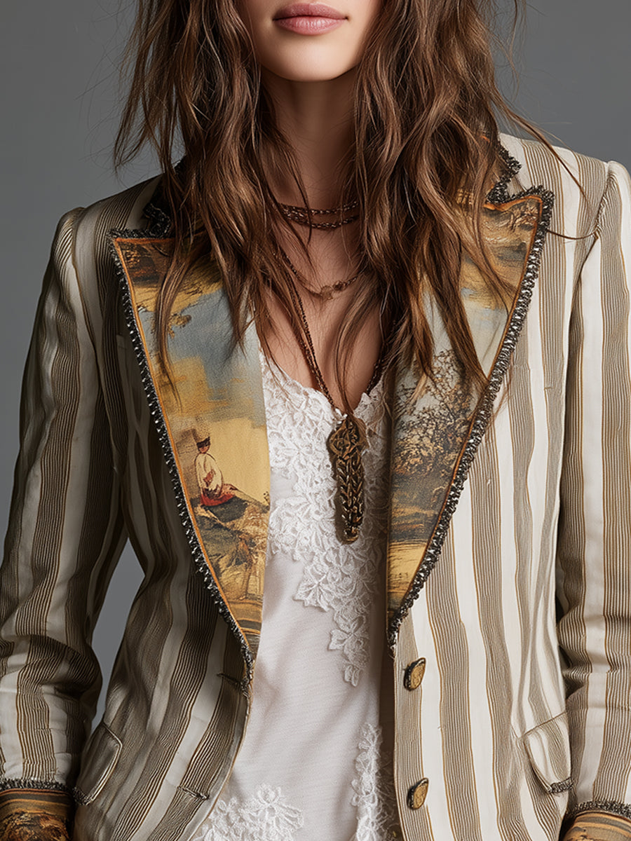 Boho Stripe Lapel Coat for Women