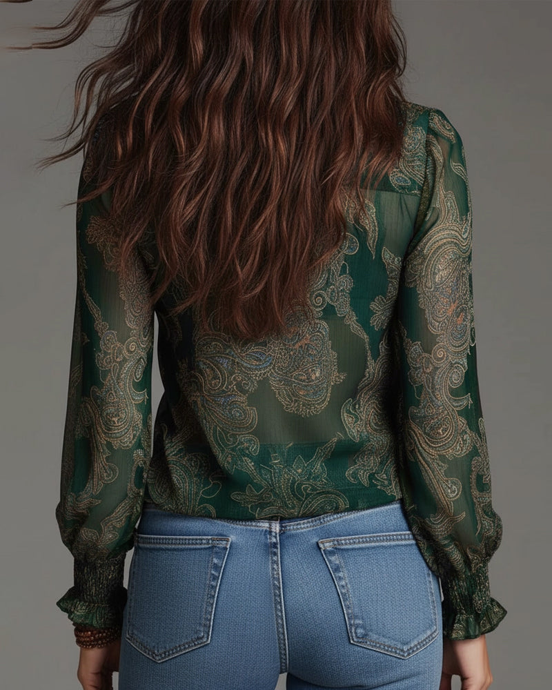Printed V-Neck Ruffle Blouse for Women