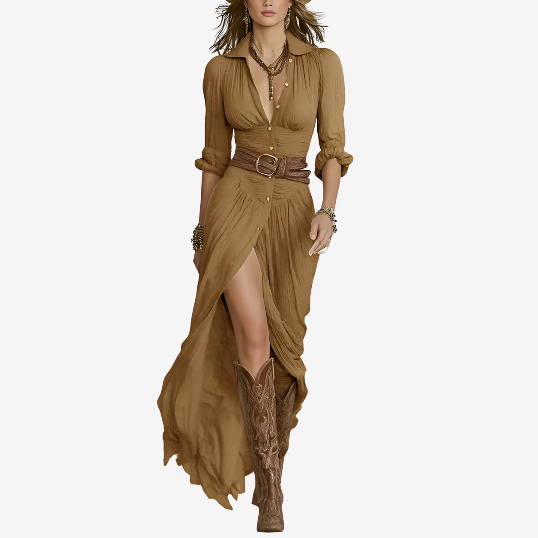 Belted Button-Front Maxi Gown