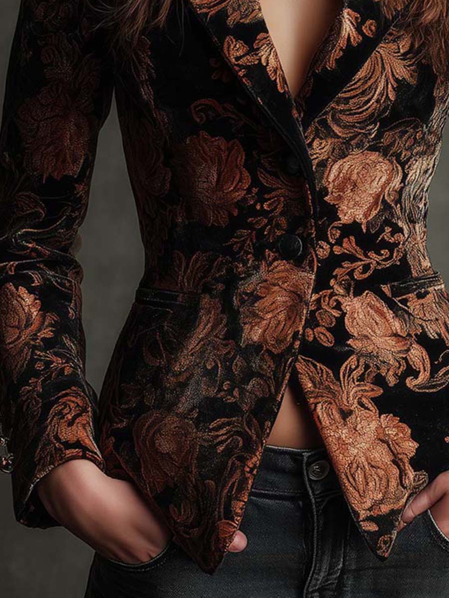 Bronze Floral Velvet Coat for Women