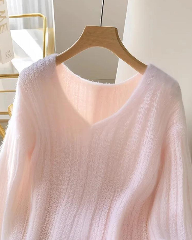 Solid V-Neck Long Sleeve Sweater for Women