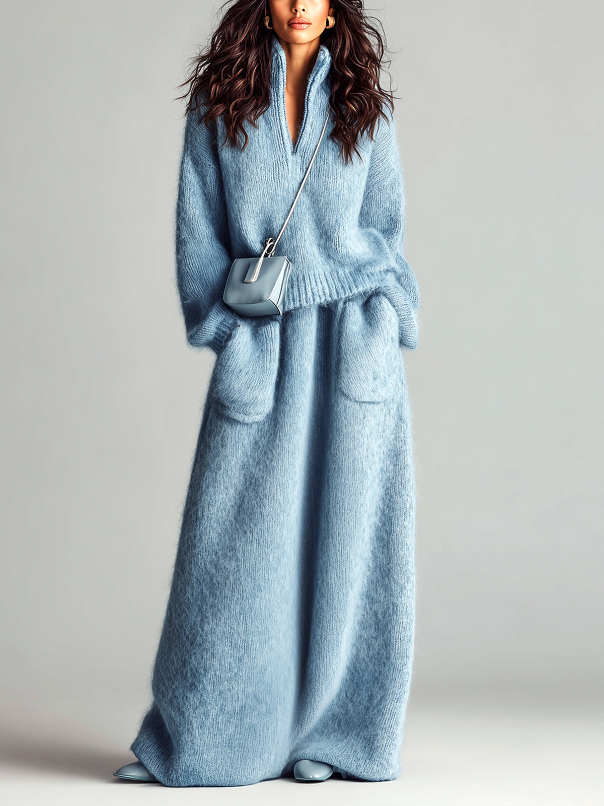 V-Neck Sweater Maxi Skirt Set for Women