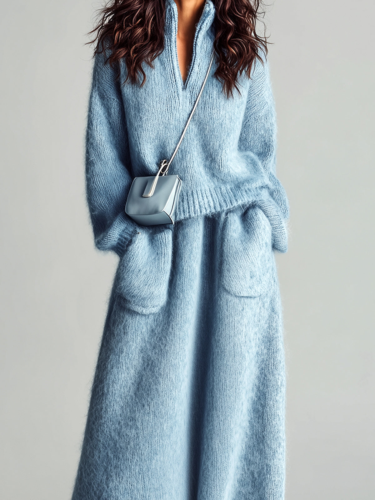V-Neck Sweater Maxi Skirt Set for Women