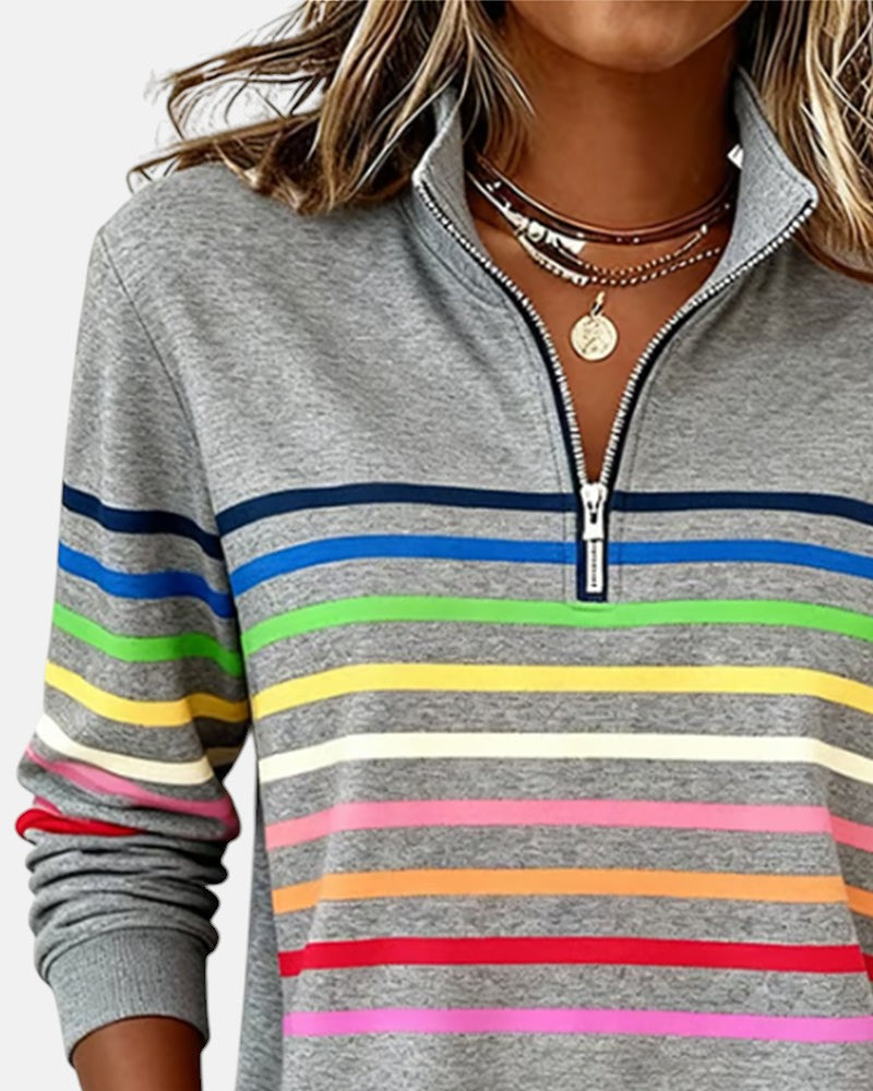 Striped Zip Collar Pullover for Women