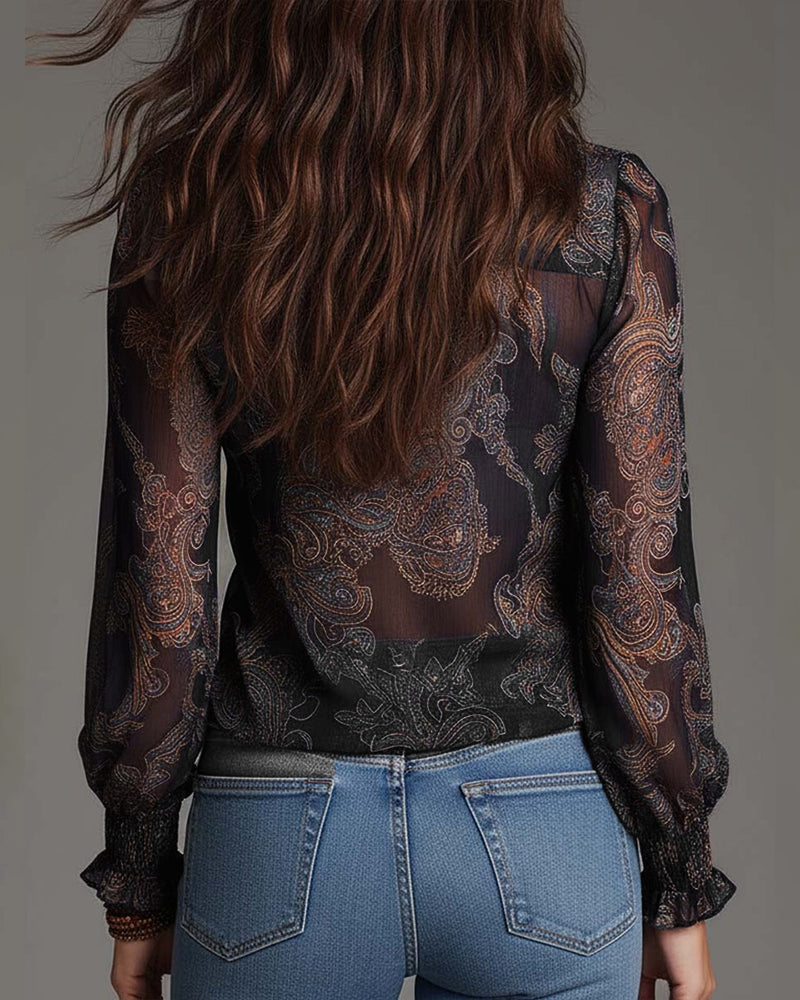 Printed V-Neck Ruffle Blouse for Women