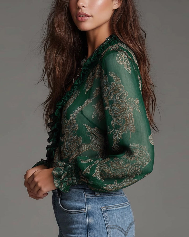 Printed V-Neck Ruffle Blouse for Women