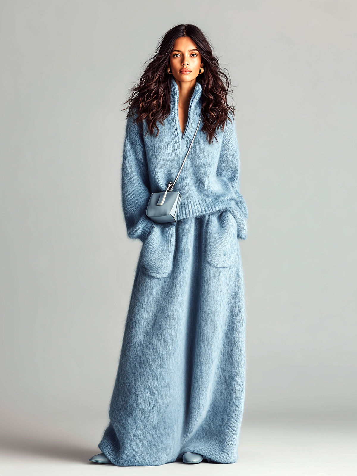 V-Neck Sweater Maxi Skirt Set for Women
