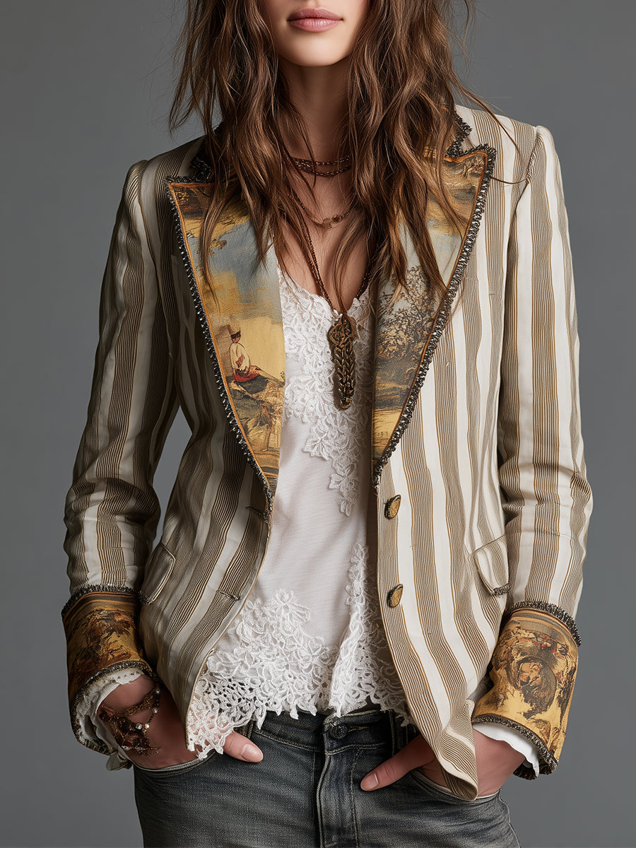 Boho Stripe Lapel Coat for Women