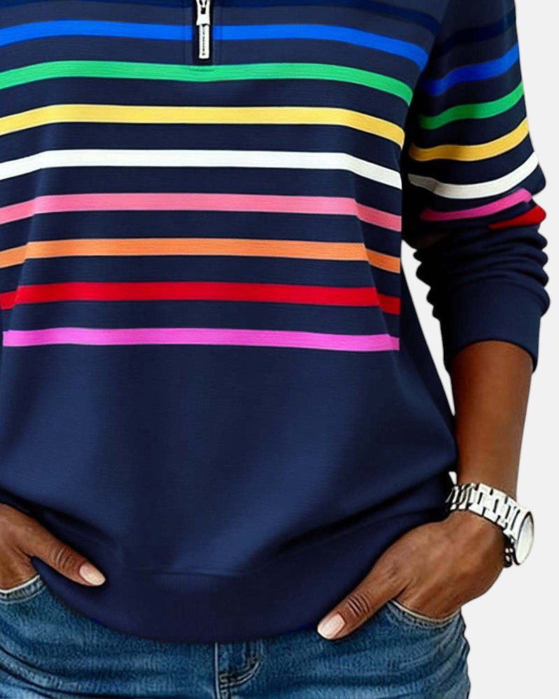 Striped Zip Collar Pullover for Women
