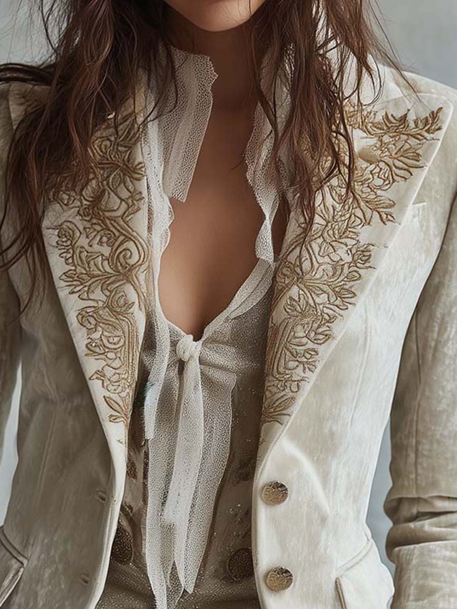 Ivory Floral Embroidered Blazer for Women