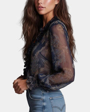 Printed V-Neck Ruffle Blouse for Women
