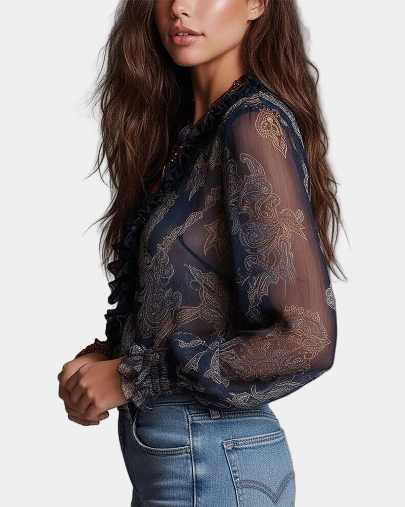 Printed V-Neck Ruffle Blouse for Women