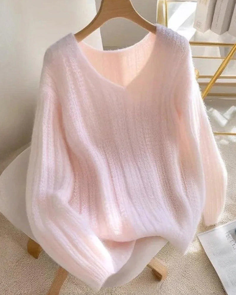 Solid V-Neck Long Sleeve Sweater for Women