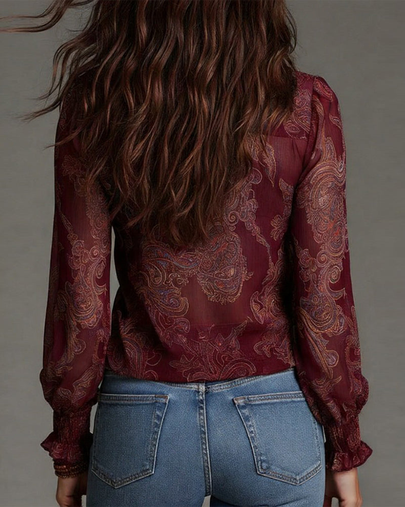 Printed V-Neck Ruffle Blouse for Women