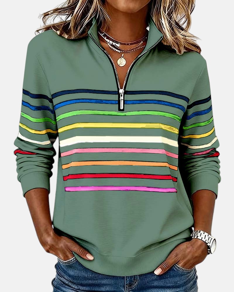 Striped Zip Collar Pullover for Women