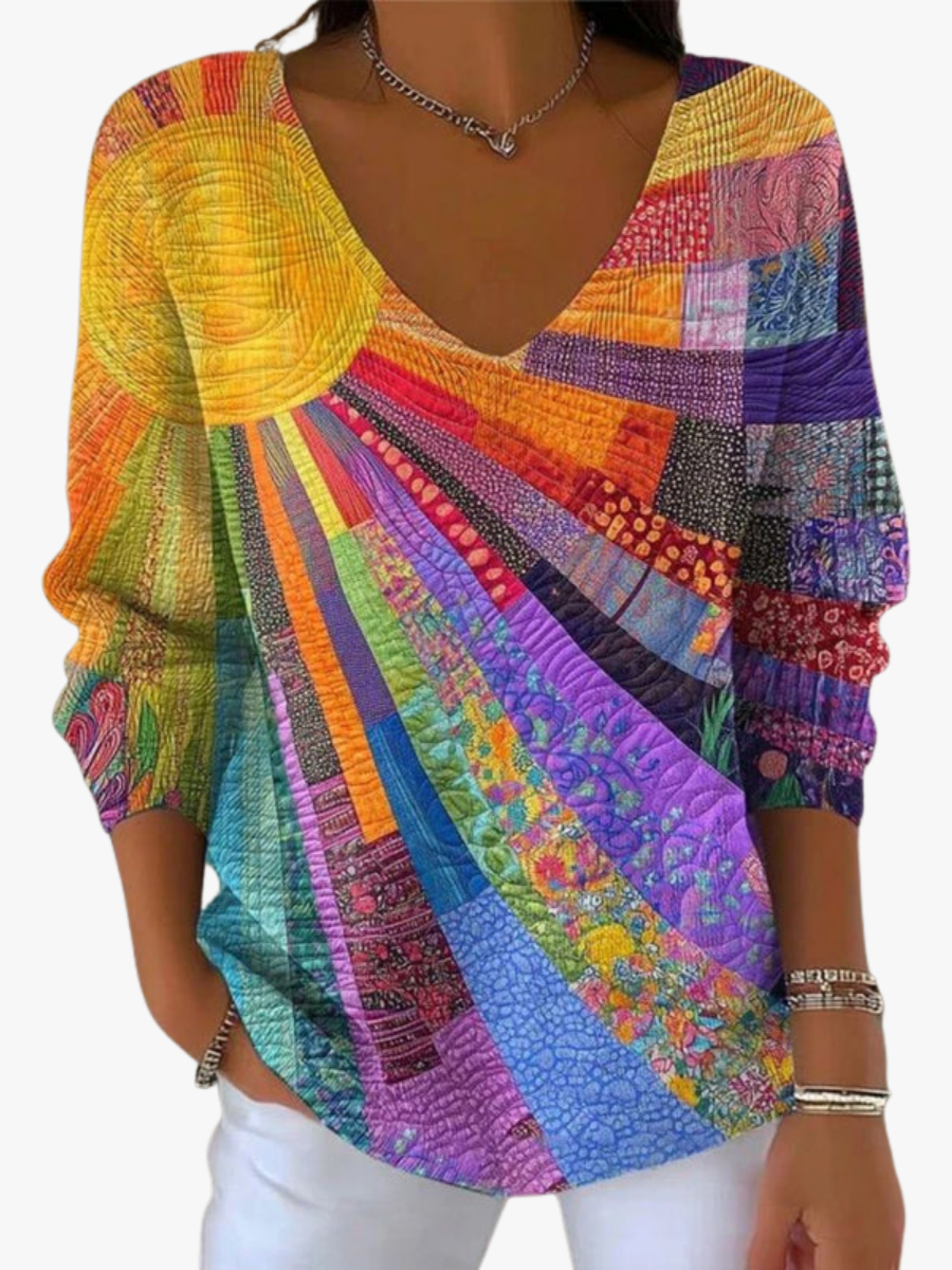 Patterned Long Sleeve V-Neck Pullover for Women