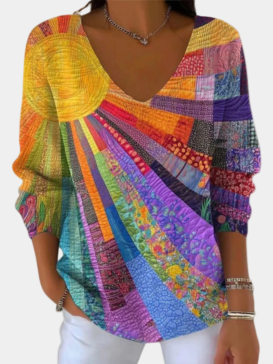 Patterned Long Sleeve V-Neck Pullover for Women