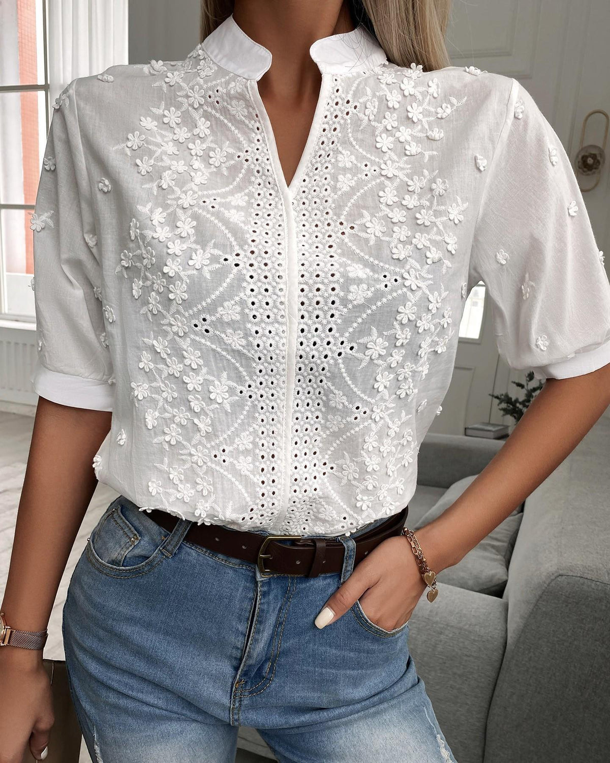 Embroidered Stand Collar Blouse for Women