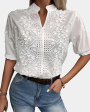 Embroidered Stand Collar Blouse for Women