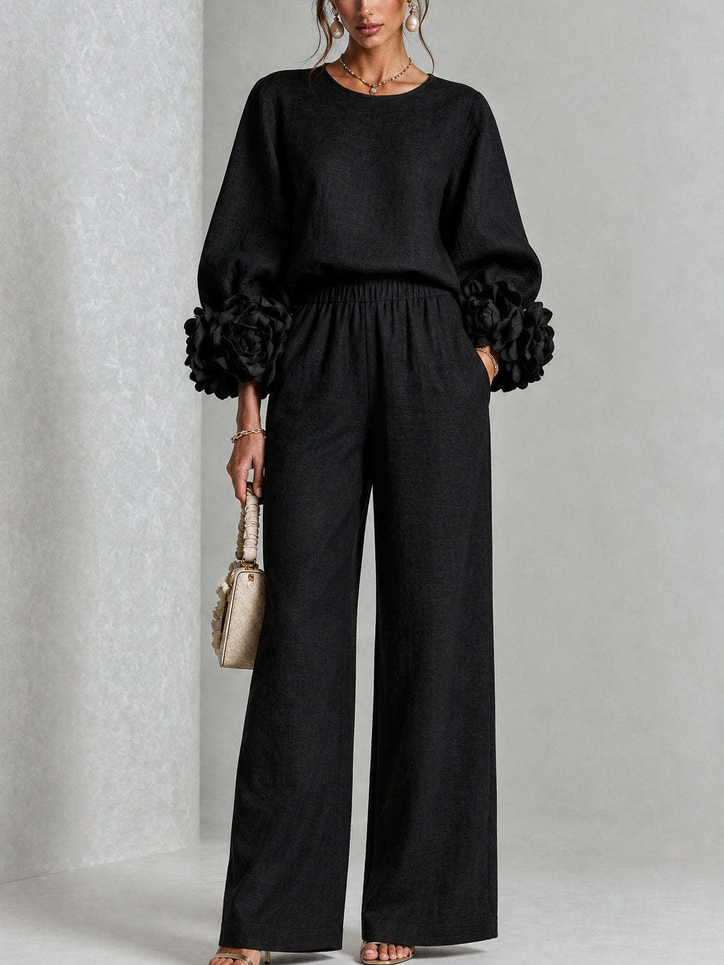 Women's Floral Cuff Wide-Leg Set