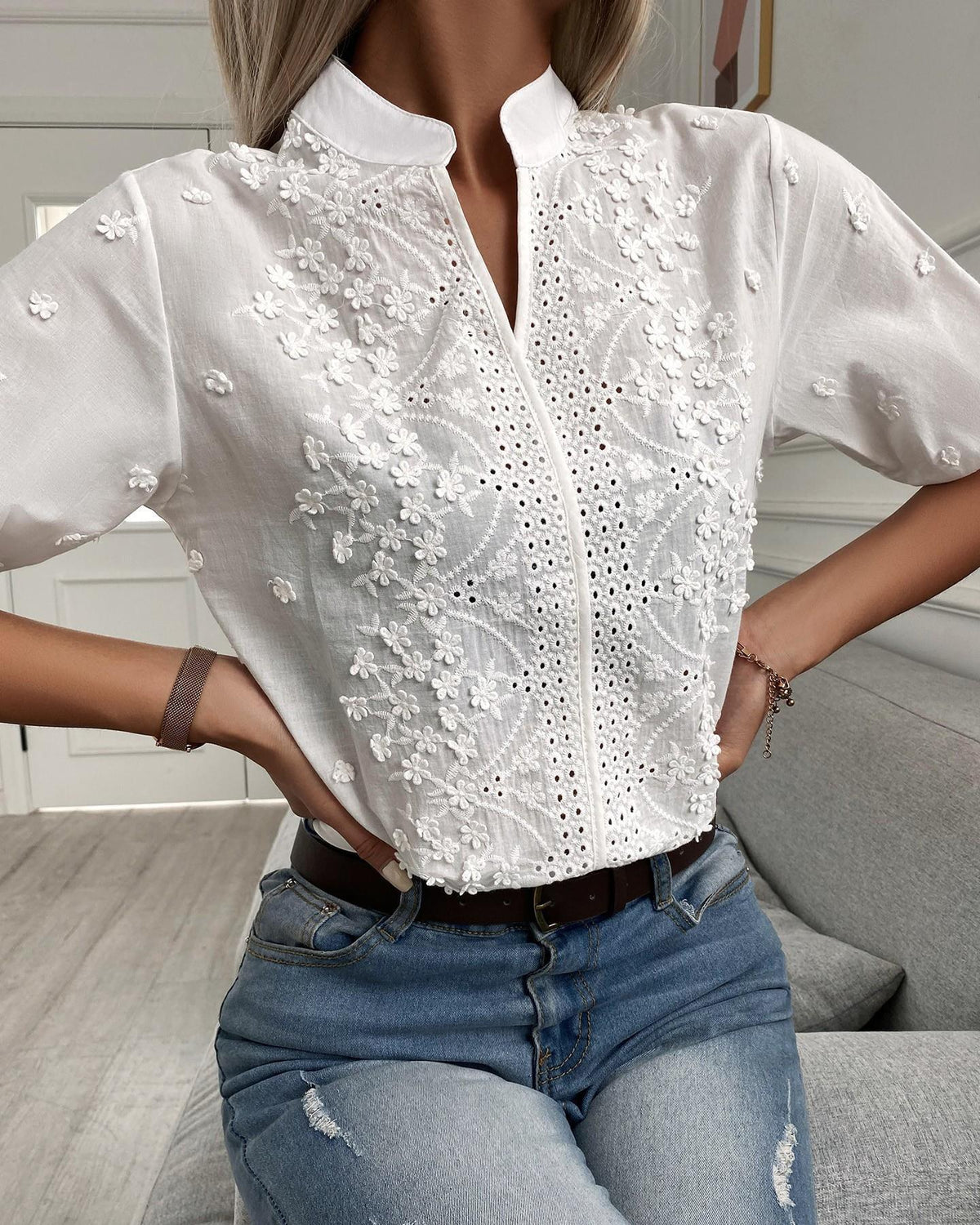 Embroidered Stand Collar Blouse for Women