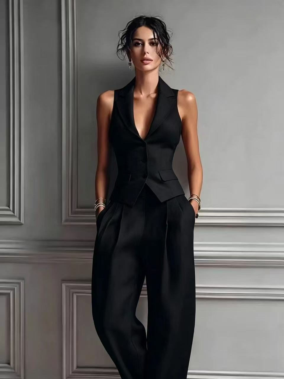 Refined V-Neck Two-Piece Set for Women