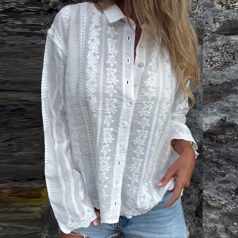 Embroidered Collar Long Sleeve Shirt for Women