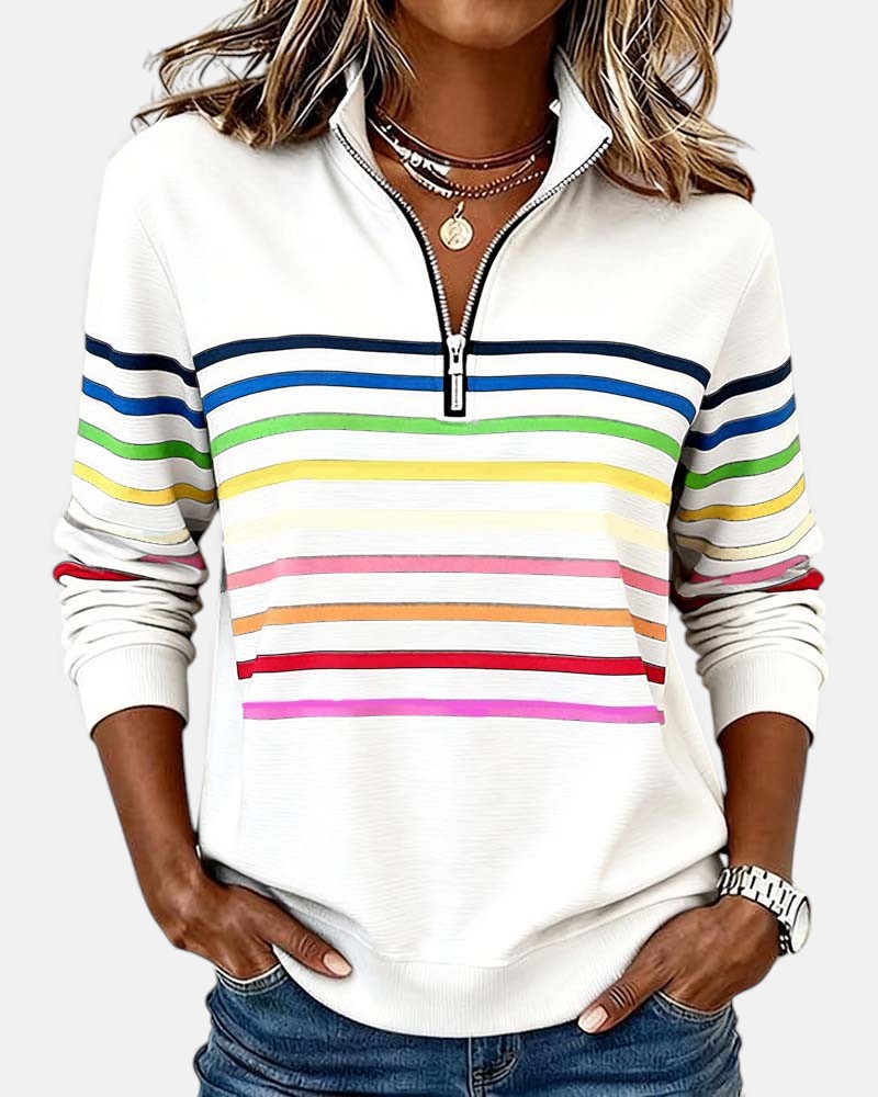 Striped Zip Collar Pullover for Women
