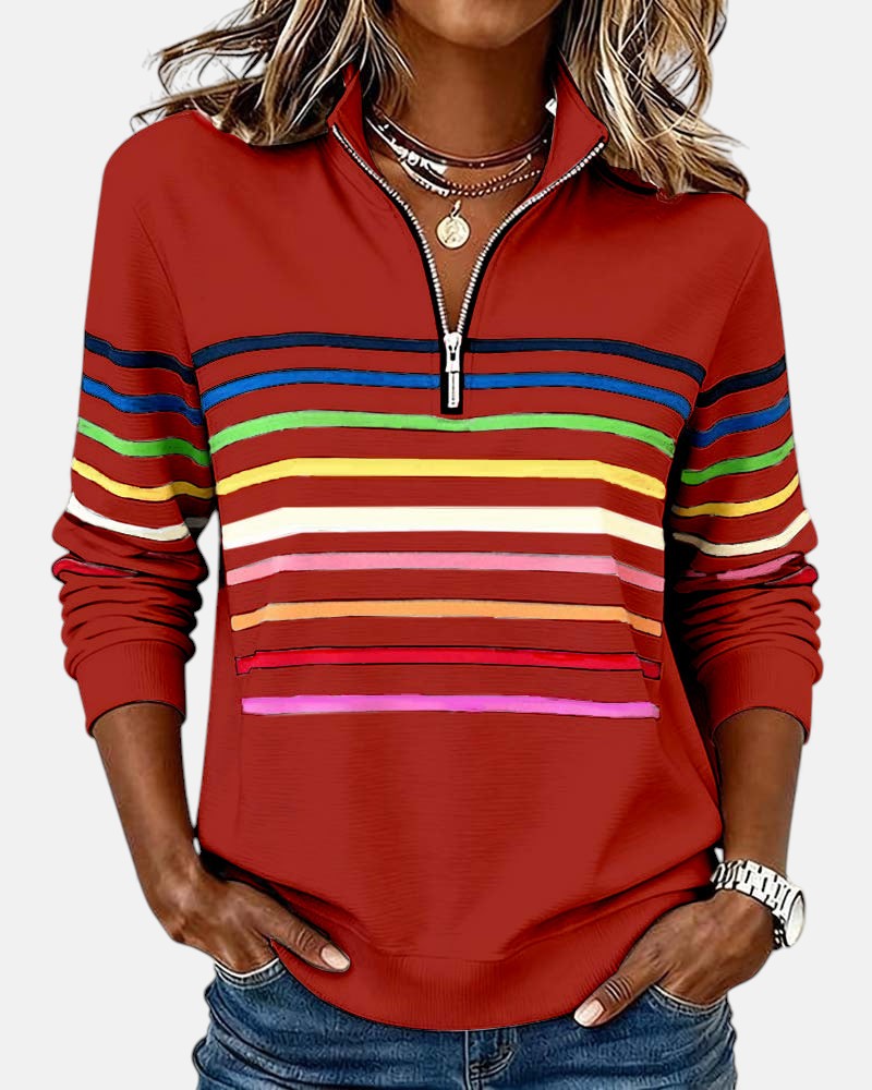 Striped Zip Collar Pullover for Women