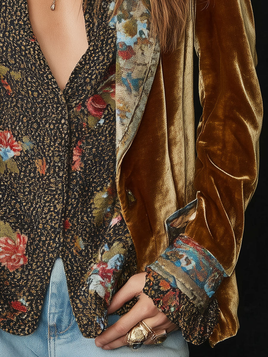 Floral Velvet Patchwork Coat For Women