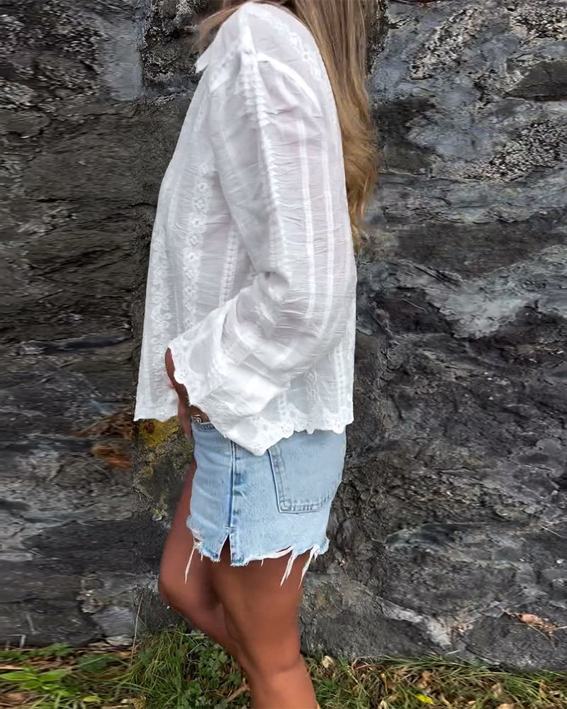 Embroidered Collar Long Sleeve Shirt for Women