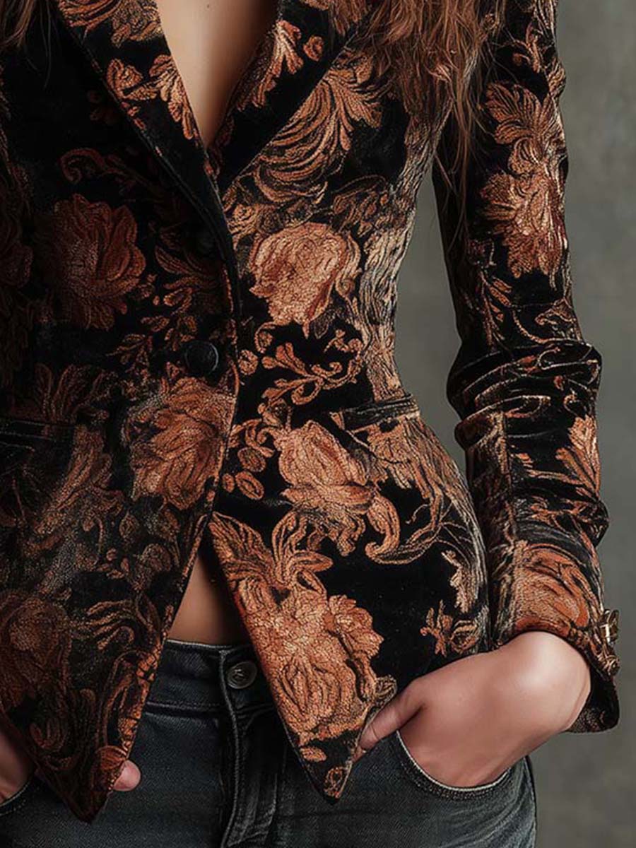 Bronze Floral Velvet Coat for Women